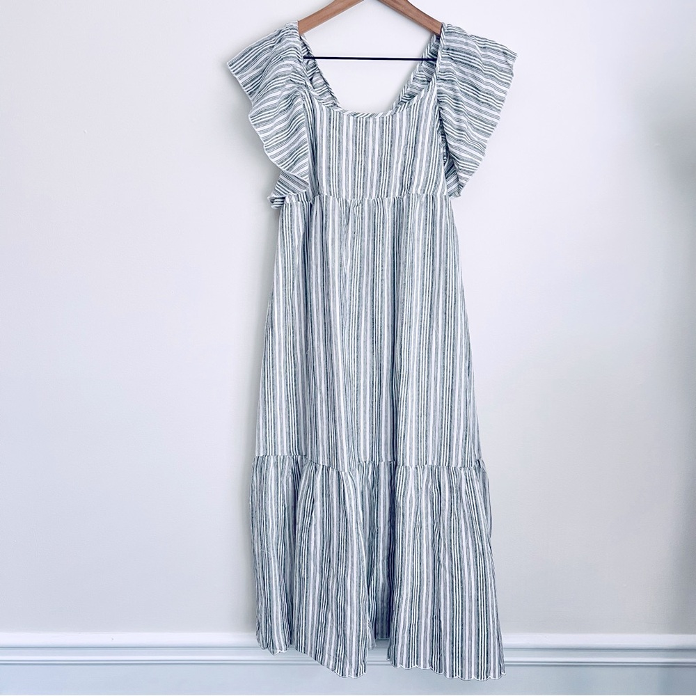Vignette women Cotton midi dress striped flounce sleeve Lined empire romantic S